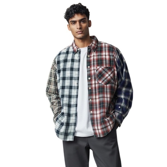 J.Crew VINTAGE 90s Mens Cut & Sew Patchwork Flannel Shirt Button Down Cotton Med